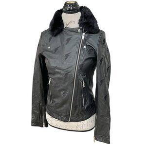 Sipos New York Womens Moto Jacket Size XS Black Faux Fur Lamb Leather Electric
